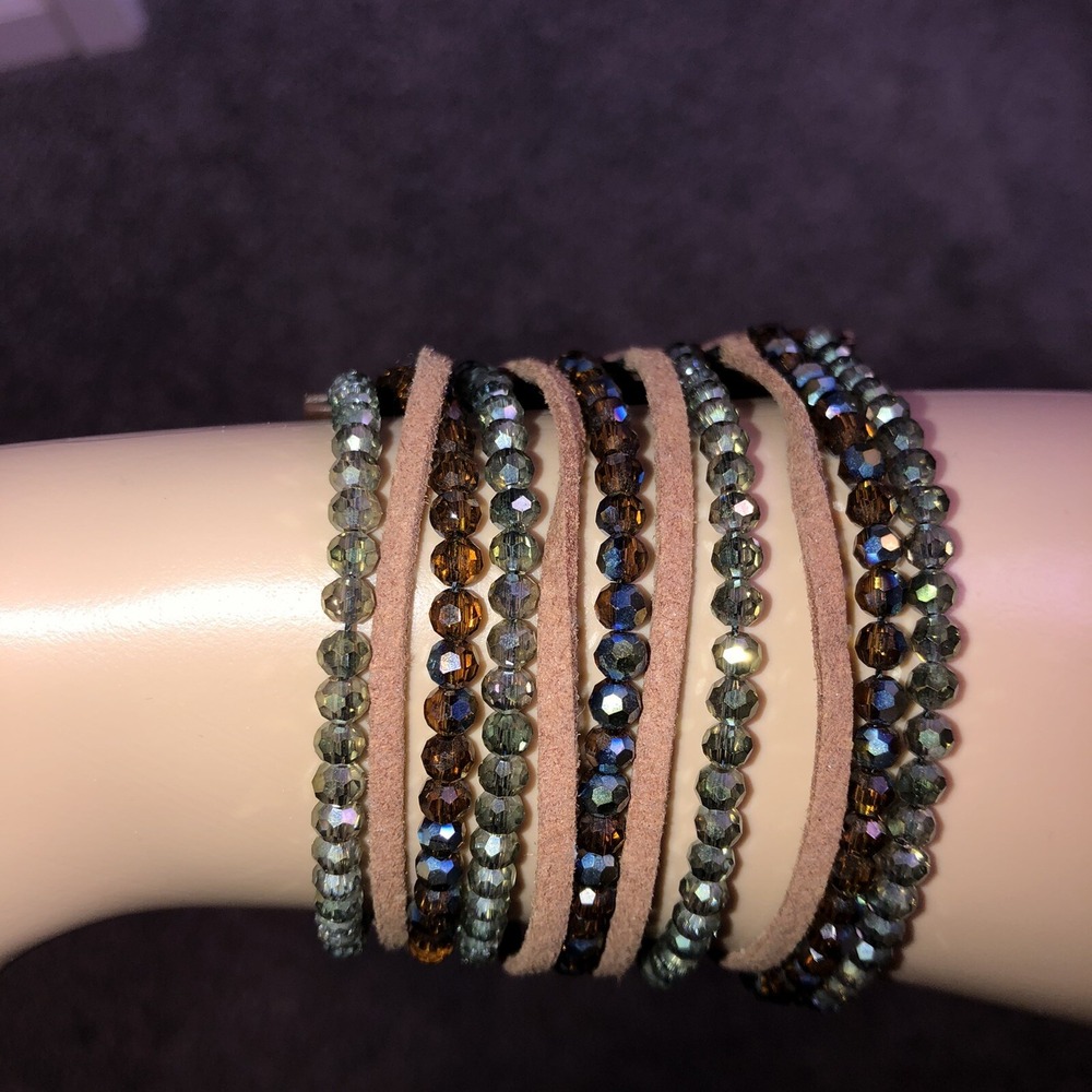 Leather & Crystal Cuff Wide Bracelet Brown Leather Green AB Crystal Multi Strand - Picture 8 of 12